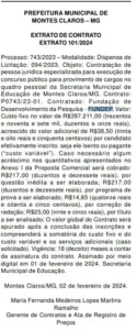 Extrato de contrato da banca do concurso da Prefeitura de Montes Claros