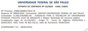 Extrato de contratação da Vunesp como banca do concurso UNIFESP