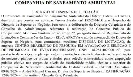 Extrato de dispensa de licitação que define o Cebraspe como a banca do concurso CAESB