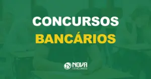 pessoas fazendo exame em sala de aula com texto sobre a imagem escrito concursos bancárias