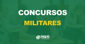 pessoas fazendo prova em sala de exame com texto sobre a imagem escrito concursos militares