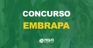 mulher agrônoma com lupa e óculos analisando planta e texto sobre a imagem escrito concurso Embrapa