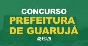 Fachada da Prefeitura de Guarujá, São Paulo, com paredes brancas e azuis.Texto sobre a imagem Concurso Prefeitura de Guarujá