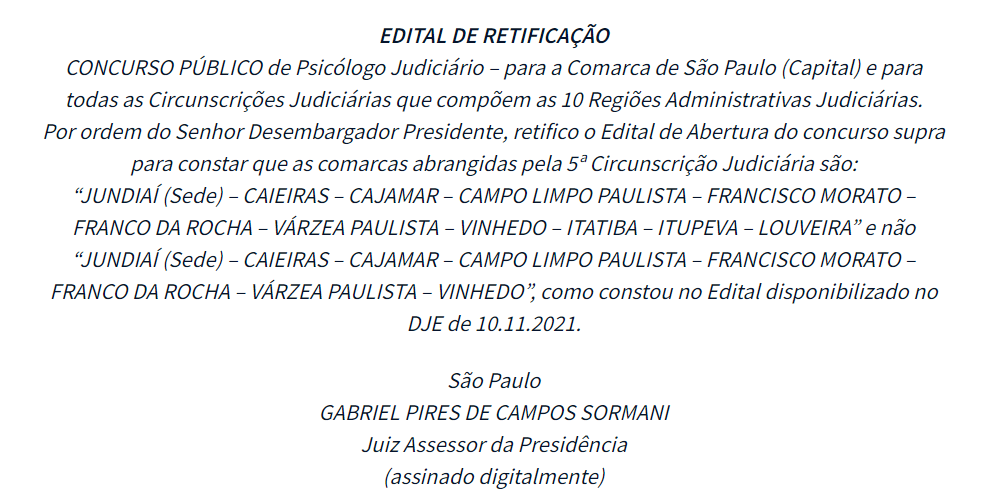 concurso TJ SP Saúde Retificação