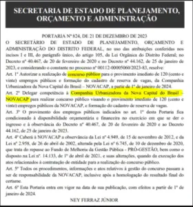 Portaria oficial de autorização para concurso da Novacap