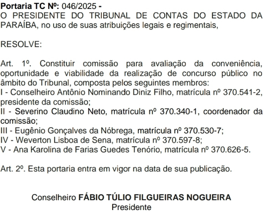 portaria institui comissão para o concurso tce pb