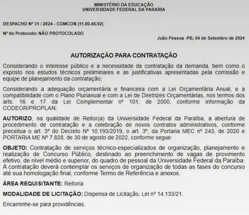 Autorização para contratação da banca do concurso UFPB