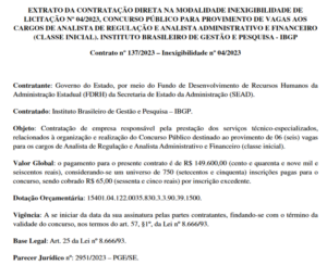 Extrato de contratação da banca do concurso Agrese, Publicado no Diário Oficial de Sergipe.