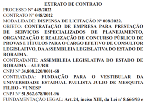 Vunesp é a banca do concurso ALE RR para Consultor Legislativo