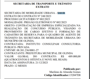 Contrato do Instituo Consulpam como banca organizadora do concurso Prefeitura de Olinda