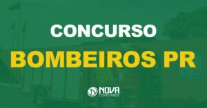 Caminhão do corpo de bombeiros estacionado em frente a um edifício. Texto sobre a imagem concurso bombeiros pr