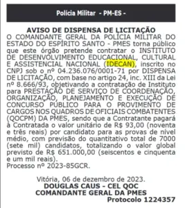 dispensa de licitação publicada no Diário Oficial que definiu o Idecan como a banca organizadora do concurso CFO PM ES