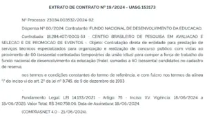 Extrato de contratação do Cebraspe como banca organizadora do concurso FNDE