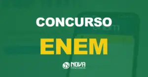 Site do INEP - Exame Nacional do Ensino Médio aberto em um celular, ao fundo a logotipo do ENEM 2024