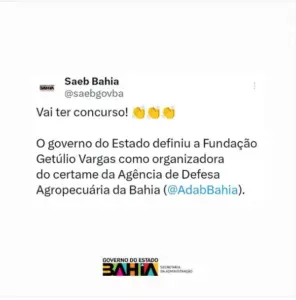 Publicação da SEAB Bahia que divulga a Fundação Getúlio Vargas como banca do concurso ADAB