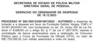 Documento oficial de dispensa de licitação que define a FGV como banca do Concurso PMERJ Oficial 2024