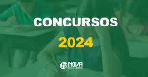 menina branca de cabelo longo castanho sentada na mesa fazendo uma prova com texto sobre a imagem escrito concursos 2024