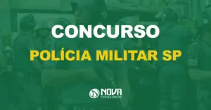 policial com farda segurando arma com texto sobre a imagem escrito concurso polícia militar sp