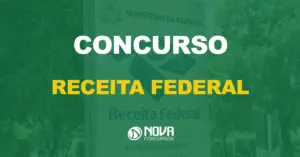 placa de ferro escrito delegacia da receita federal com floresta no fundo e texto sobre a imagem concurso receita federal