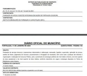 Extrato de contrato do IBFC como banca organizadora do concurso Fagifor