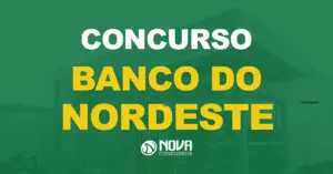 Fachada da Agência do Banco do Nordeste no município de Russas, no Ceará. Texto sobre a imagem Concurso Banco do Nordeste