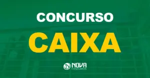 Pessoas sendo atendidas na porta de uma agência da Caixa Econômica Federal / Texto sobre a imagem Concurso Caixa