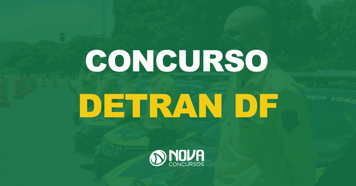 agentes de trânsito enfileirados ao lado de carros com texto sobre a imagem escrito concurso detran df