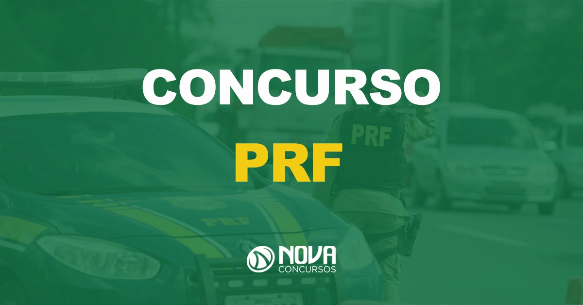 policial rodoviário federal cuidando do trânsito com carro da prf à esquerda e texto sobre a imagem escrito concurso prf