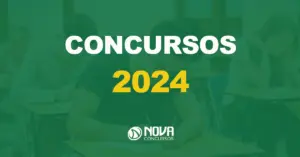 pessoas sentadas fazendo prova em sala de aula com texto sobre a imagem escrito concursos 2024