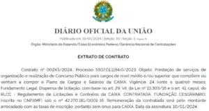 Extrato de contratação da Cesgranrio como banca do concurso Caixa