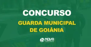 guarda municipal em pé ao lado de viatura, com texto sobre a imagem escrito concurso guarda municipal de Goiânia