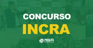 Palestra do INCRA com mesa de especialistas em frente a uma cesta de alimentos. Texto sobre a imagem Concurso INCRA