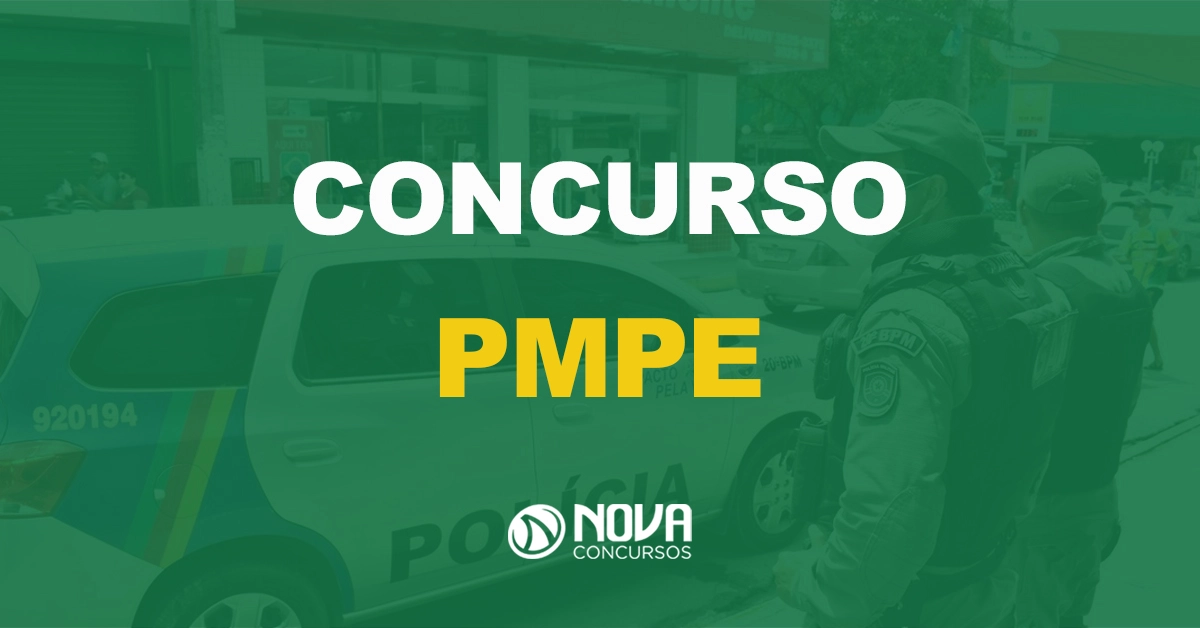 carro da polícia militar com dois policiais ao lado e texto sobre a imagem escrito concurso pmpe