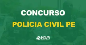 dois policiais fardados na frente do carro com texto sobre a imagem escrito concurso polícia civil pe