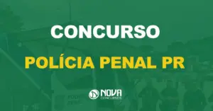 carro da polícia penal com quatro policiais ao lado e texto sobre a imagem escrito concurso polícia penal pr