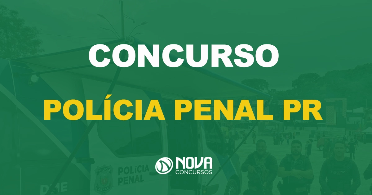 carro da polícia penal com quatro policiais ao lado e texto sobre a imagem escrito concurso polícia penal pr