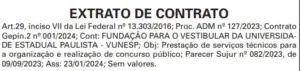 Extrato de contratação da Vunesp como banca do concurso Desenvolve SP