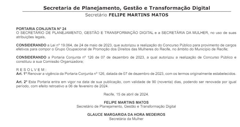 Portaria Conjunta publicada no Oficial do Município de Recife