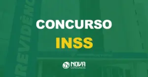 fachada do edifício sede da previdência social com texto sobre a imagem escrito concurso inss