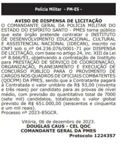 Documento que define o Idecan como banca do concurso CFO PM ES