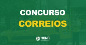 carro dos correios aberto com funcionário retirando correspondências e texto sobre a imagem escrito concurso correios