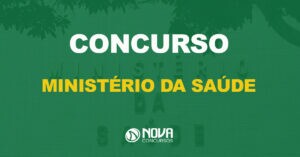 fachada com letreiro de metal ministério da saúde e texto sobre a imagem escrito concurso ministério da saúde