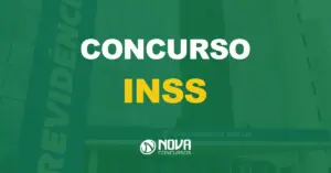 fachada da previdência social com texto sobre a imagem escrito concurso inss