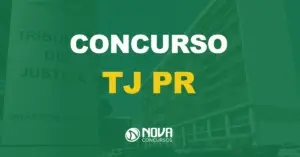 fachada com placa de metal escrito tribunal de justiça e texto sobre a imagem escrito concurso tj pr