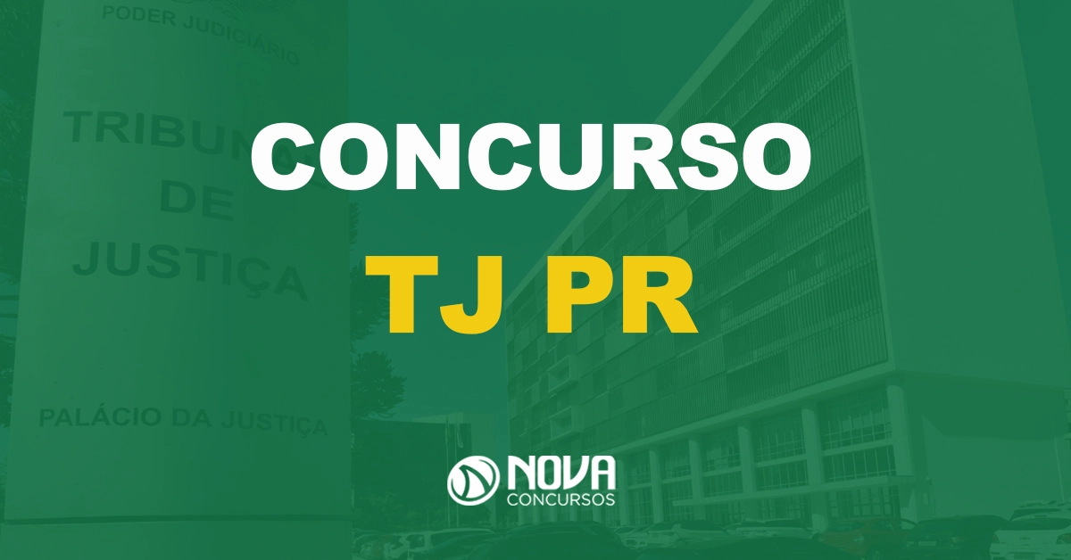 fachada com placa de metal escrito tribunal de justiça e texto sobre a imagem escrito concurso tj pr