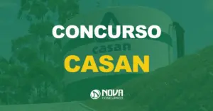 caixa de água escrito casan em floresta com texto sobre a imagem escrito concurso casan