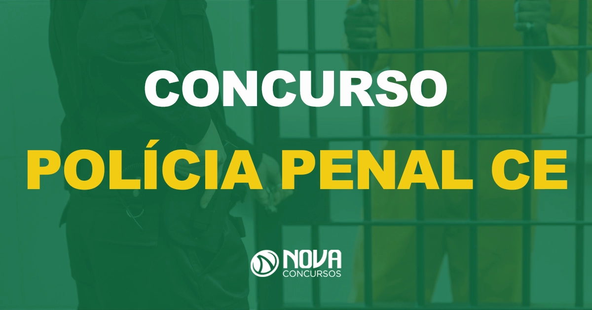 policial trancando a grade da prisão com texto sobre a imagem escrito concurso polícia penal CE