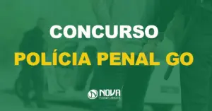 policial segurando preso algemado com texto sobre a imagem escrito concurso policia penal GO