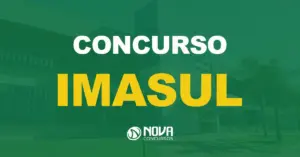 Prédio do Instituto de Meio Ambiente de Mato Grosso do Sul, um edifício azul e branco. Texto sobre a imagem Concurso IMASUL