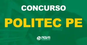 Escudo da Polícia Técnica do estado de Pernambuco, em forma de colar, com um policial / Texto sobre a imagem concurso Politec PE